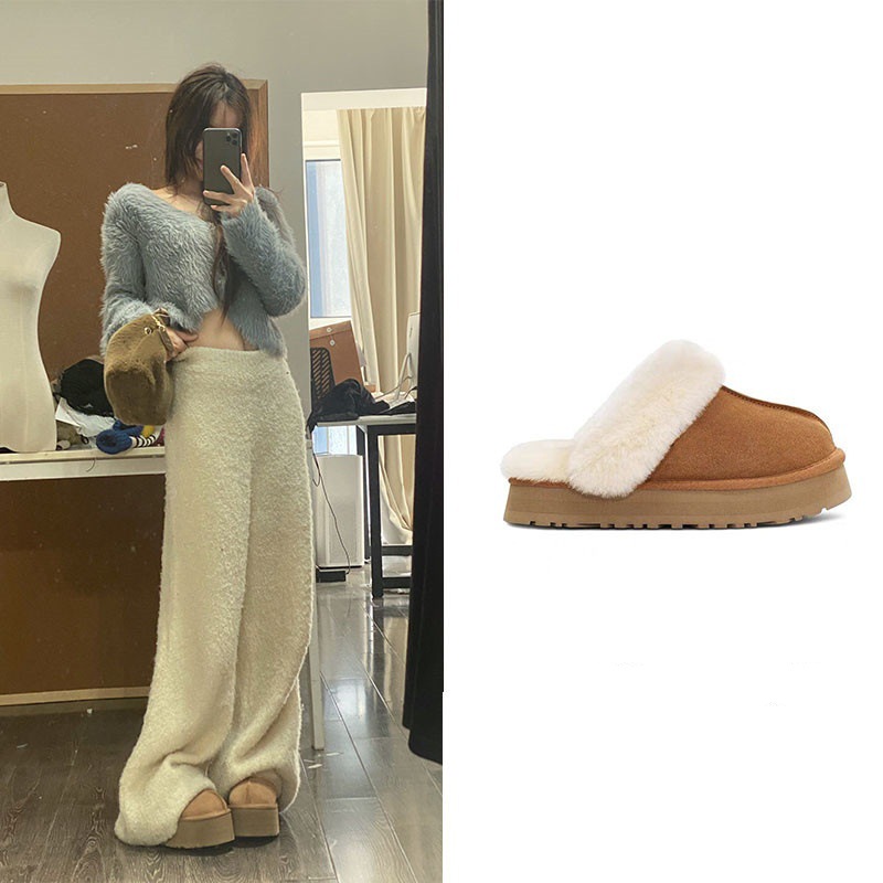 厚底雪地靴毛毛拖鞋女秋冬新款外穿居家厚底保暖休闲外穿包头棉拖