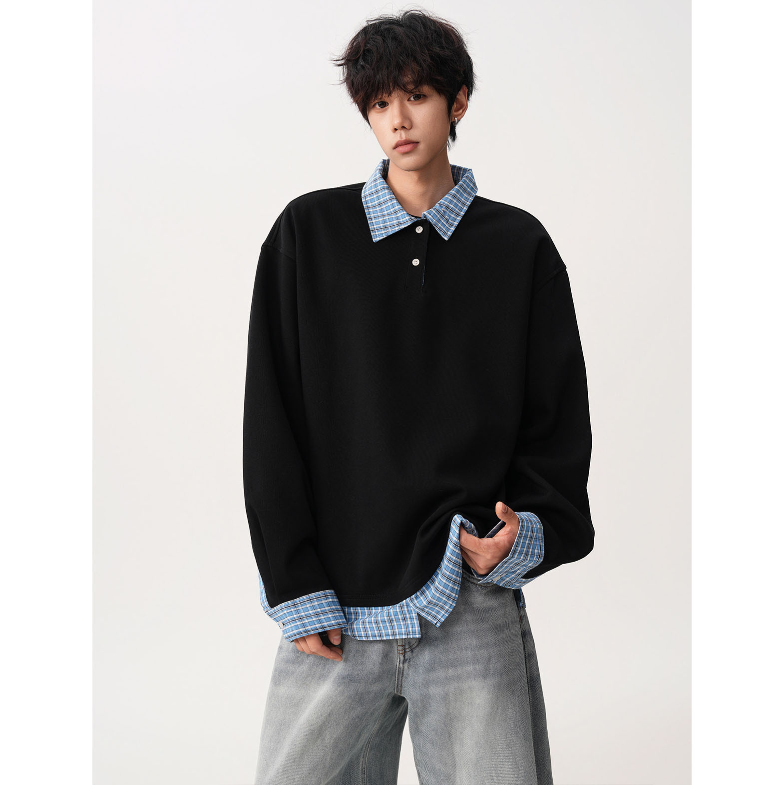 Falsa camisa de dos piezas cuello de costura polo camisa vieja camisa de estilo de dinero para hombre sensación superior primavera y otoño fábrica de manga larga transfronteriza al por mayor