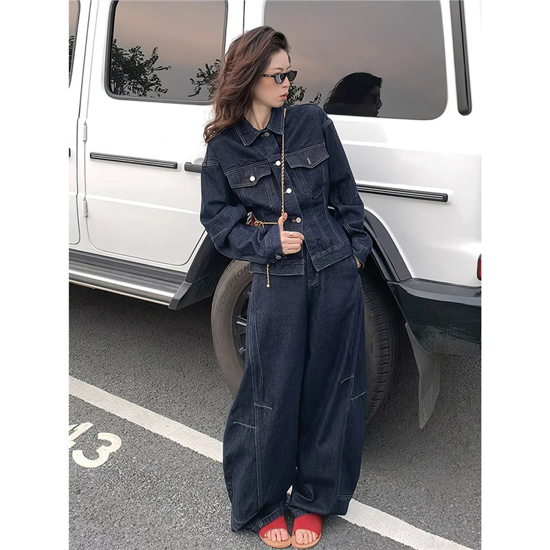 Retro Design Denim Jacket for Women 2025 Spring & Fall New Korean Style Street Wear Workwear Wide-Leg Pants Two-Piece Set