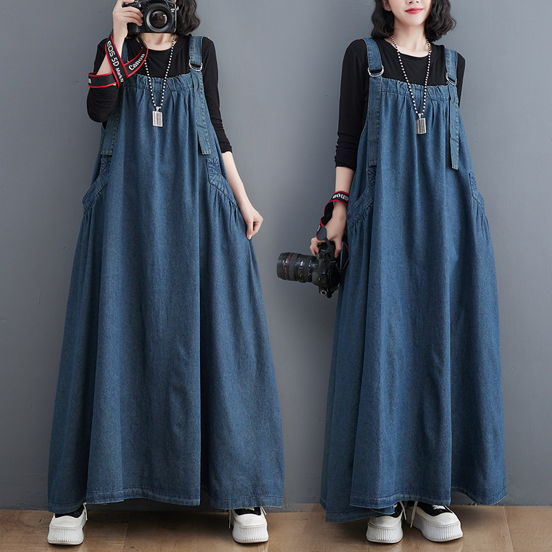 2024 primavera/verano otoño vestido largo retro suelta adelgazamiento Denim suspender vestido largo vestido grande SWING
