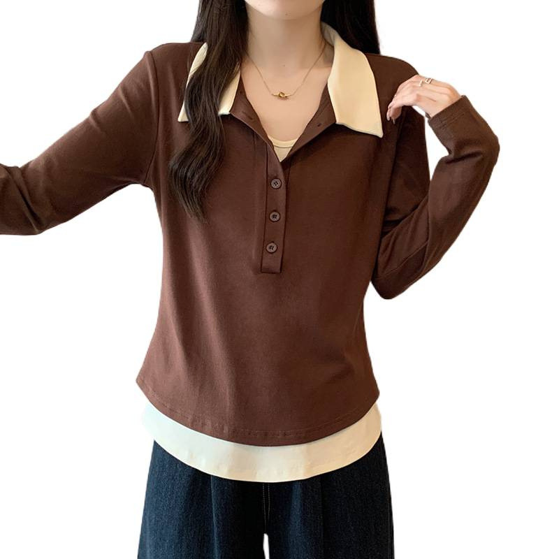 2025秋装新款胖mm大码女休闲百搭polo领撞色假两件长袖甜美上衣|undefined