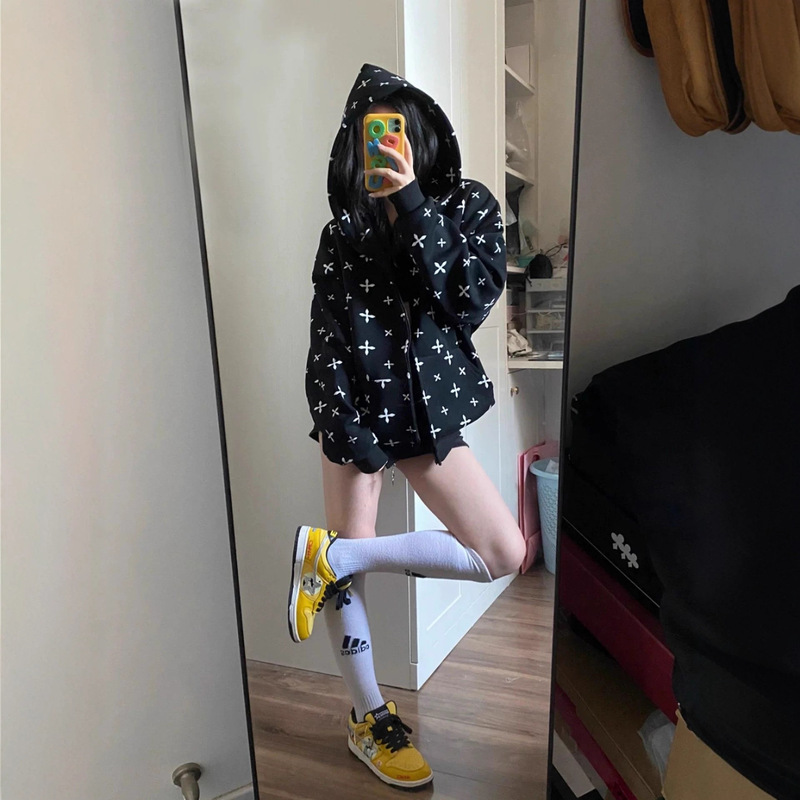 American-Style Full-Print Cross-Pattern Hooded Cardigan Jacket for Women, Spring and Autumn 2026 New Oversized Couple's Zip-Up Sweatshirt