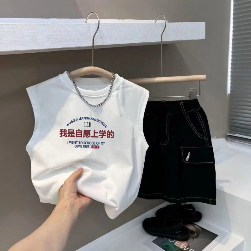 2024 Children's Text Print Sleeveless Backless Top 100% Cotton T-Shirt White for Middle and Small Kids Breathable Summer Versatile Top