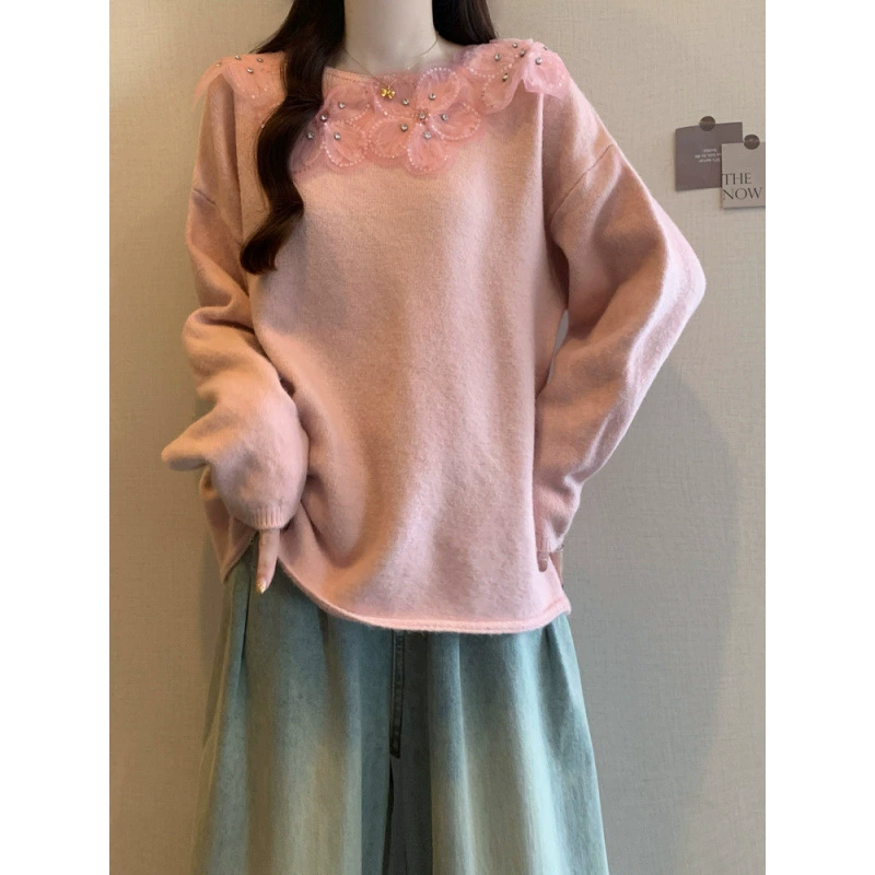 Fuchsia three dimensional beading needle, autumn sweater, flowered, plus size, loose fit