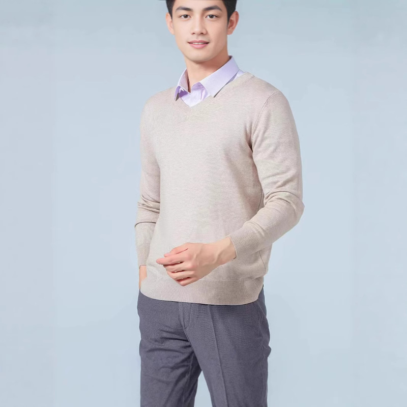 2025 Autumn and Winter Men's V-Neck Sweater Pullover Men's Sweater Large Size Long Sleeve Basic Knitted Bottoming Shirt