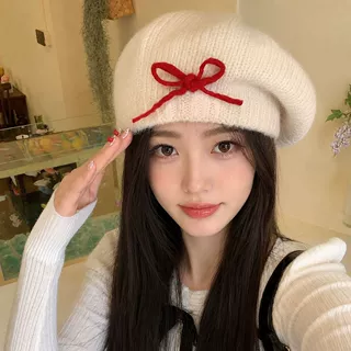 蝴蝶结针织贝雷帽子女秋冬季韩版显脸小保暖画家帽网红气质毛线帽