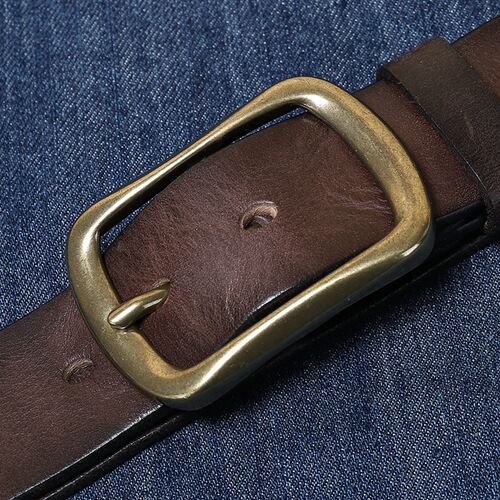 Retro hand-rubbed versatile pleated copper buckle belt men's genuine leather trendy pin buckle pure cowhide trouser belt for middle-aged and young people