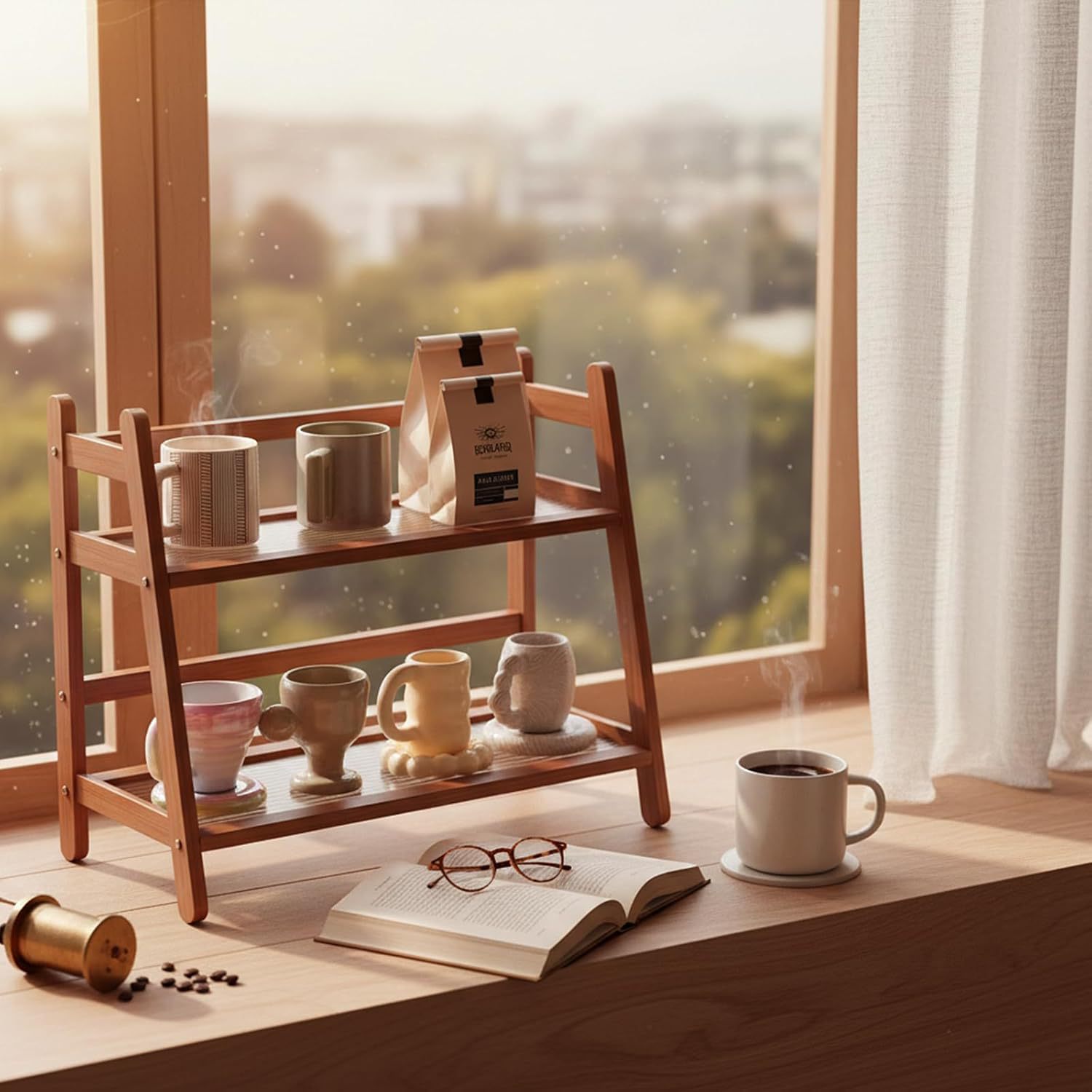 Bamboo Double-Layer Countertop Storage Rack, Dedicated Storage Rack for the Coffee Area, for Placing Tea Sets, Cups, Condiments, and Accessories