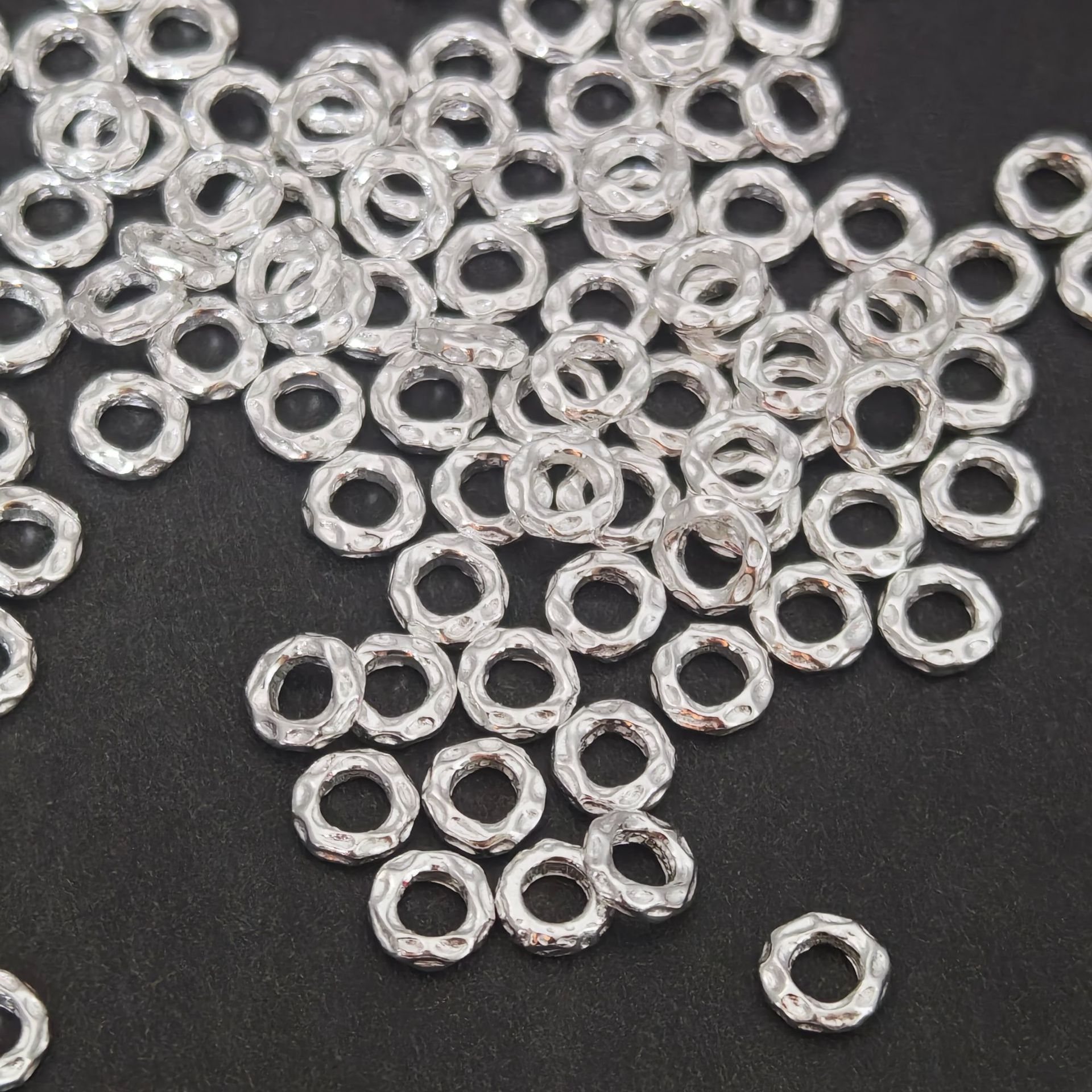S999 Pure Silver Jewelry Accessories, Hammered Texture Round Rings, DIY Handmade Beaded Braided Bracelet Spacer Beads, Loose Beads