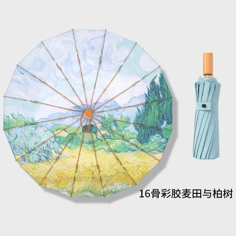 High-Quality, Stylish, Light Luxury 16-Rib Vintage Oil Painting Umbrella, Thick and Durable Folding Umbrella with Colorful Coating, Sun Protection, Uv Protection