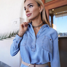 跨境欧美2025夏秋季热销俄罗斯女装牛仔布衬衫式连衣裙带袖子时尚
