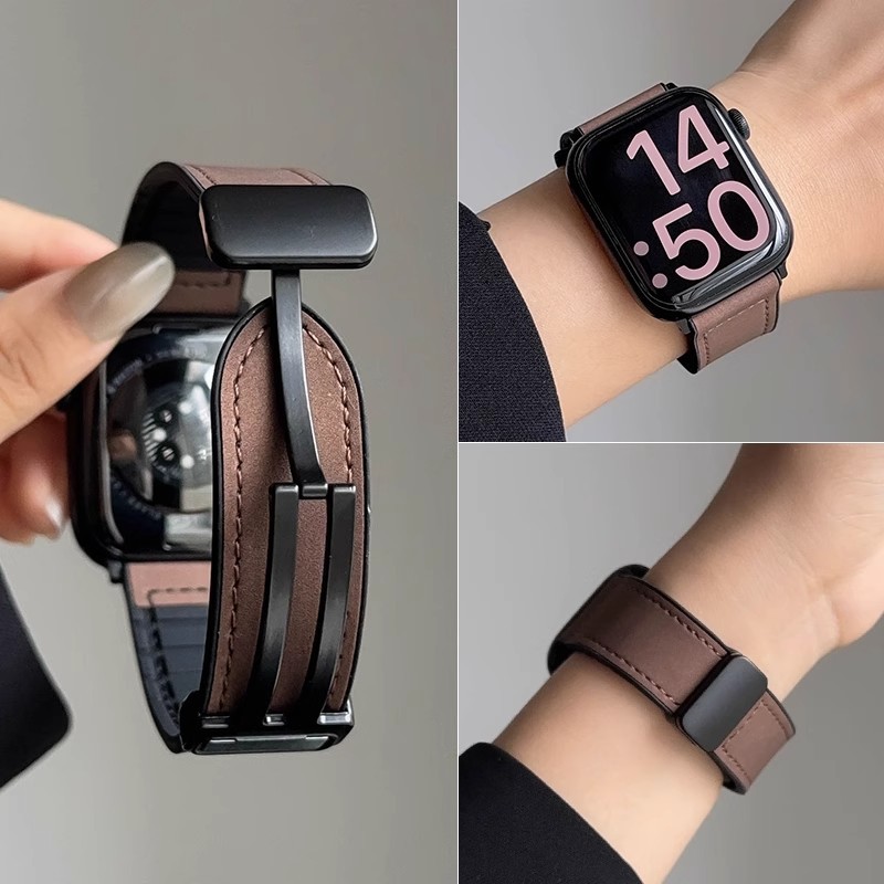 Suitable for Apple S10 Watch Iwatch11 Strap Applewatch8 Crazy Horse Pattern High-Grade Genuine Leather S9 Wristband