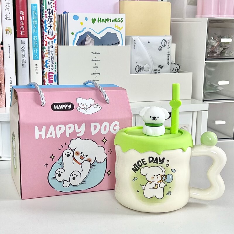 誕生日プレゼントかわいい子犬ストローカップ漫画セラミックマグカップ蓋付き女子プレゼント家庭用コップ|undefined