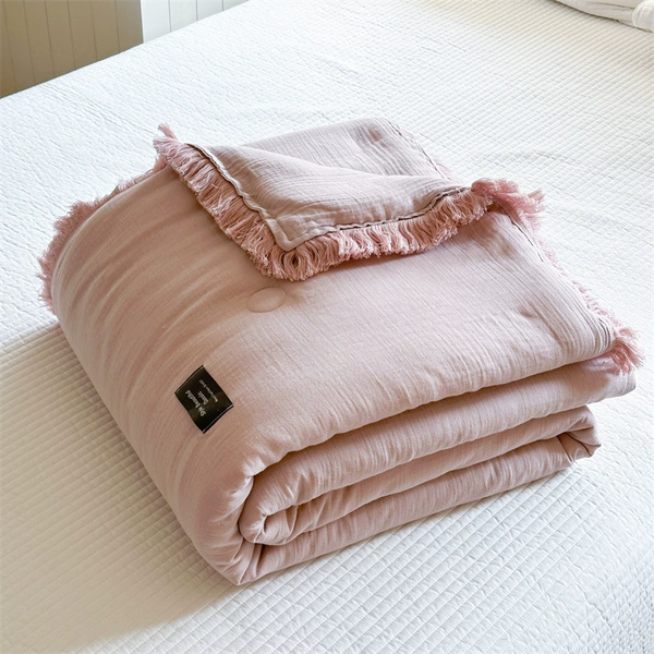 Cotton four-layer wrinkle yarn soybean quilt-tassel pink