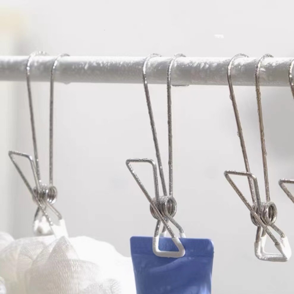 Kitchen Stainless Steel Clip with Hook for Hanging Bathroom Fixed Clip Windproof Clothes Drying Rack Clothes Clip Long Tail Hook