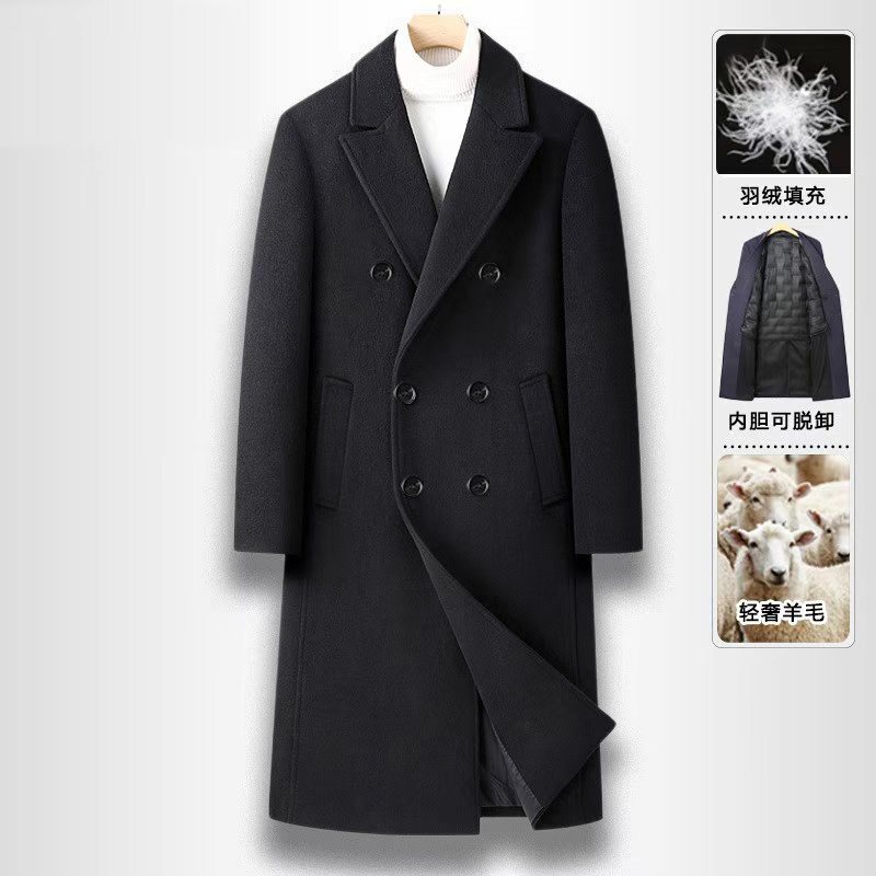New Autumn and Winter Men's Double-Breasted Long Woolen Coat with Detachable down Liner Woolen Trench Coat Men's Jacket