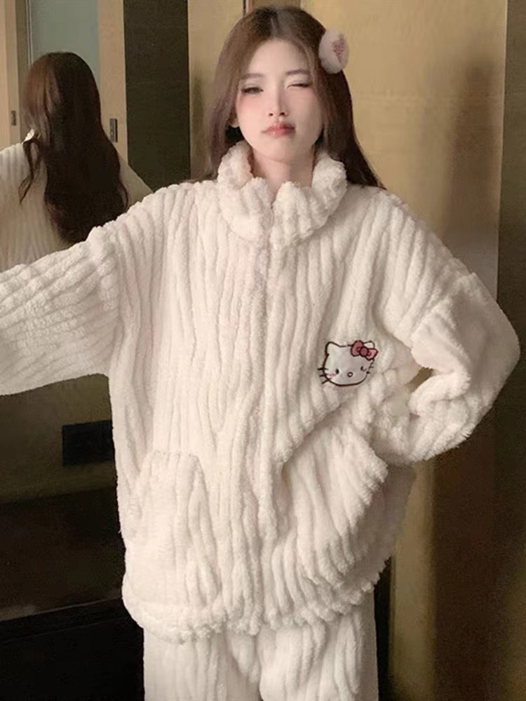 Pijamas de otoño e invierno para mujer más terciopelo grueso de gran tamaño coral vellón 2025 nuevo servicio a domicilio con cremallera casual dulce