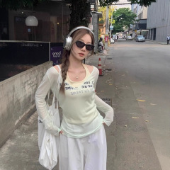 韓国風レイジーVネックレイヤードホルターネックベスト長袖Tシャツレディース夏中空日焼け止めブラウスサスペンダーツーピースセット