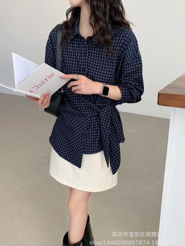 琪镌绘制韩系格子长袖衬衫女装秋季新款宽松系带百搭衬衣上衣651|undefined