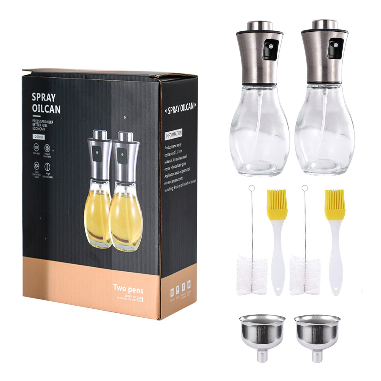 Juego de 2 botellas de aceite en aerosol de acero inoxidable 304, botellas de aceite en aerosol tipo prensa para barbacoa al aire libre, botellas de aceite verdes a prueba de luz.