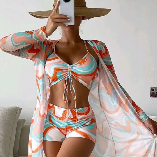 European and American foreign trade bikini swimsuit split three-piece set high-waisted long-sleeved ins blouse sunscreen internet celebrity cross-border drawstring