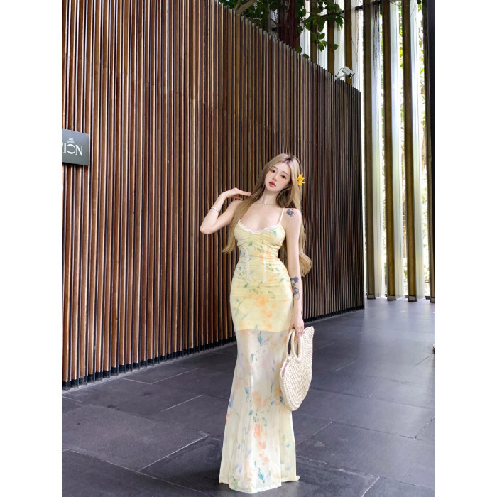 ホリデースタイルストラップバックレスサスペンダードレス女性の夏の花柄スカートホットガールウエストフィッシュテールスカートヒップカバーロングスカート|undefined