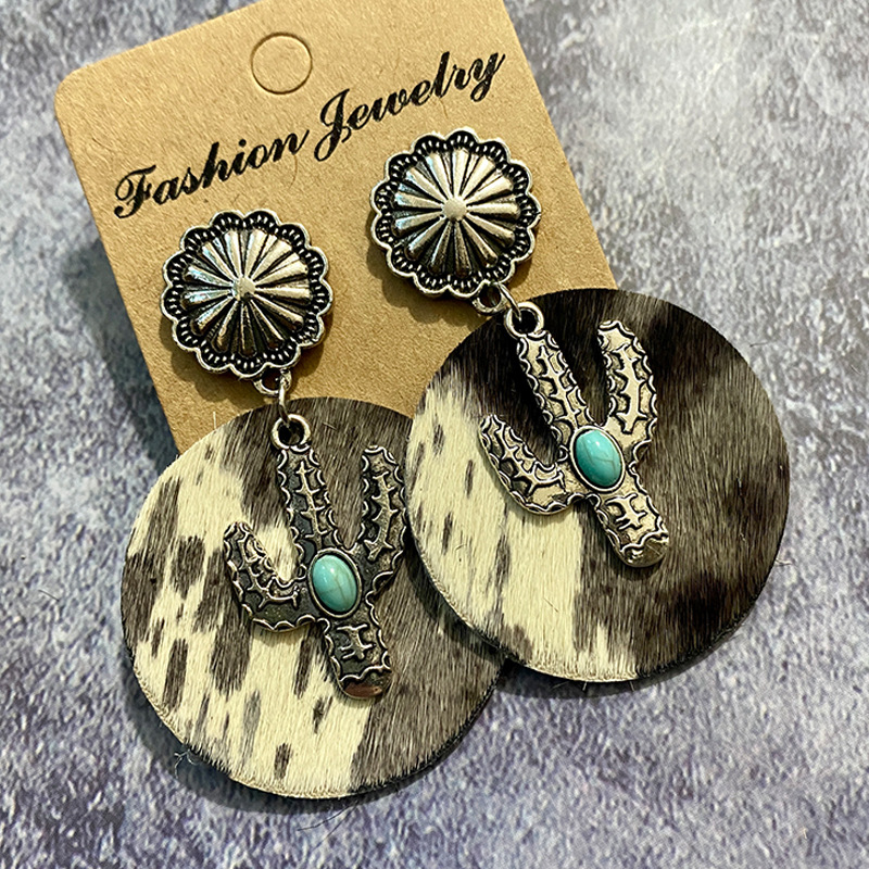 1 Pair Quantity Travel Occasion 1 Pair Bohemian Cactus Alloy Leather Inlay Turquoise Women's Drop Earrings