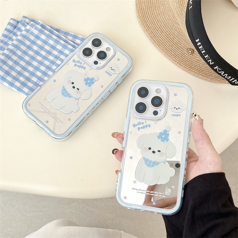 Lindo y lindo perro blanco para Apple 15 funda para teléfono móvil iphone16ProMax espejo dos en uno 13 femenino 14