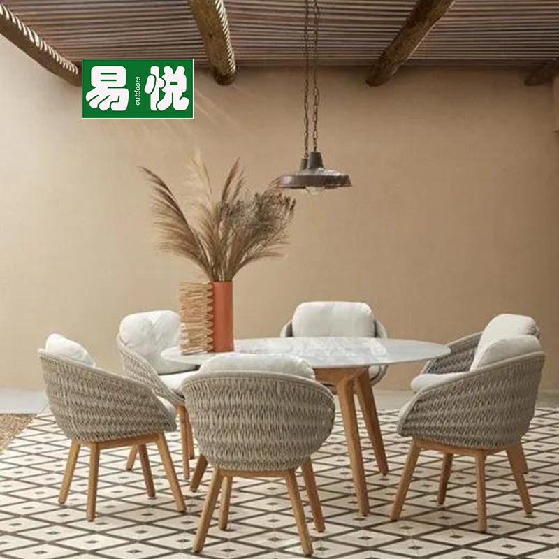 Villa silla de comedor jardín al aire libre anticorrosivo teca caña mesa y silla mesa de comedor de tabla de roca nórdica patio al aire libre mesa y silla de ocio
