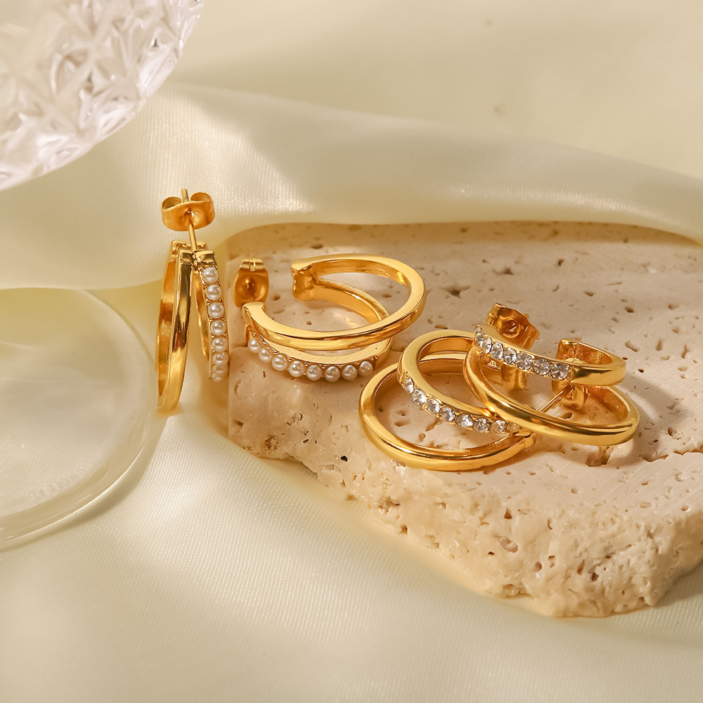 Retro Geometric Stainless Steel Rhinestones Ear Studs 1 Pair