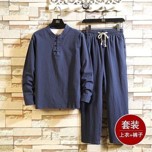 Chinese-style menswear Tang suit buttoned linen T-shirt for men long sleeve spring and autumn cotton linen loose Hanfu scholar attire