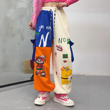 冬季加绒时尚街头个性涂鸦工装大口袋卫裤女式拼色撞色保暖束脚裤