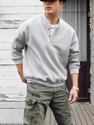 2024 Japanese Style Retro Autumn and Winter Men's Henry Collar Long Sleeve Base Shirt Casual Loose Pullover Sweater Men's Trendy New Product