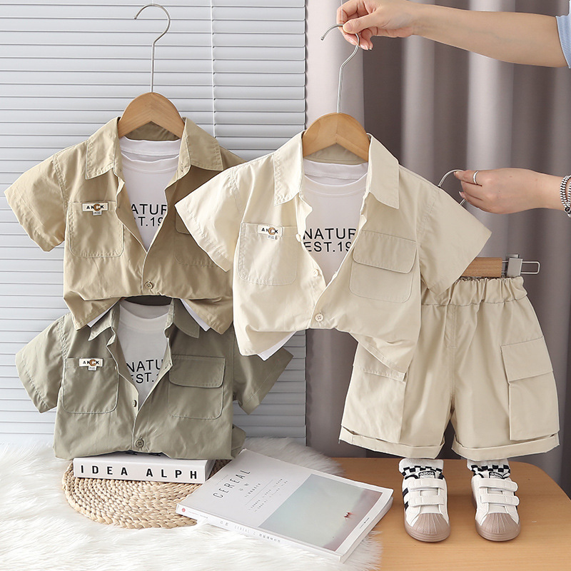 Boys Summer Suit 2026 New Children's Clothing Korean Style Summer Baby Casual Shirt Short-Sleeved Three-Piece Set Wholesale Delivery