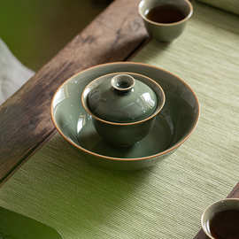 5YA1批发越窑盖碗手工泡茶碗功夫茶具套装复古陶瓷三才盖碗薄胎