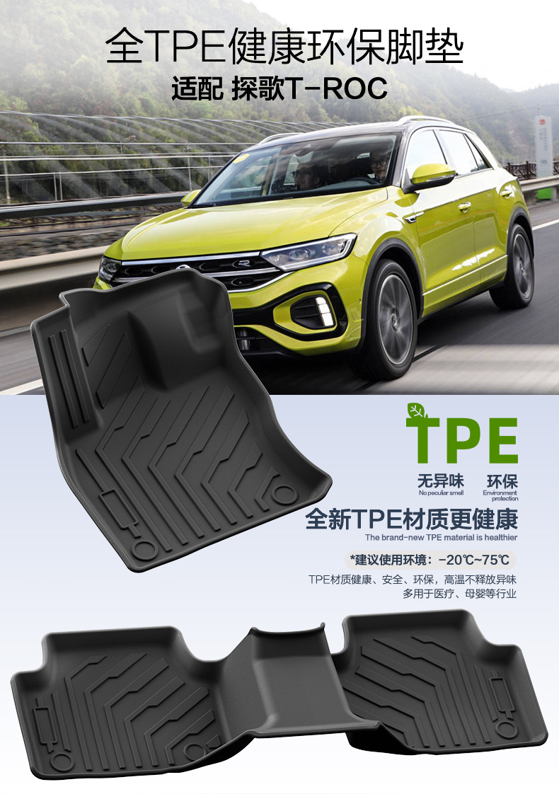 Suitable for Volkswagen T-Roc Floor Mats, Rear Trunk Mats, Fully Environmentally Friendly, Waterproof and Wear-Resistant Tpe Car Floor Mats Wholesale