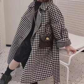 女童韩版尼子大衣春秋中长款毛呢外套加厚时尚网红千鸟格翻领