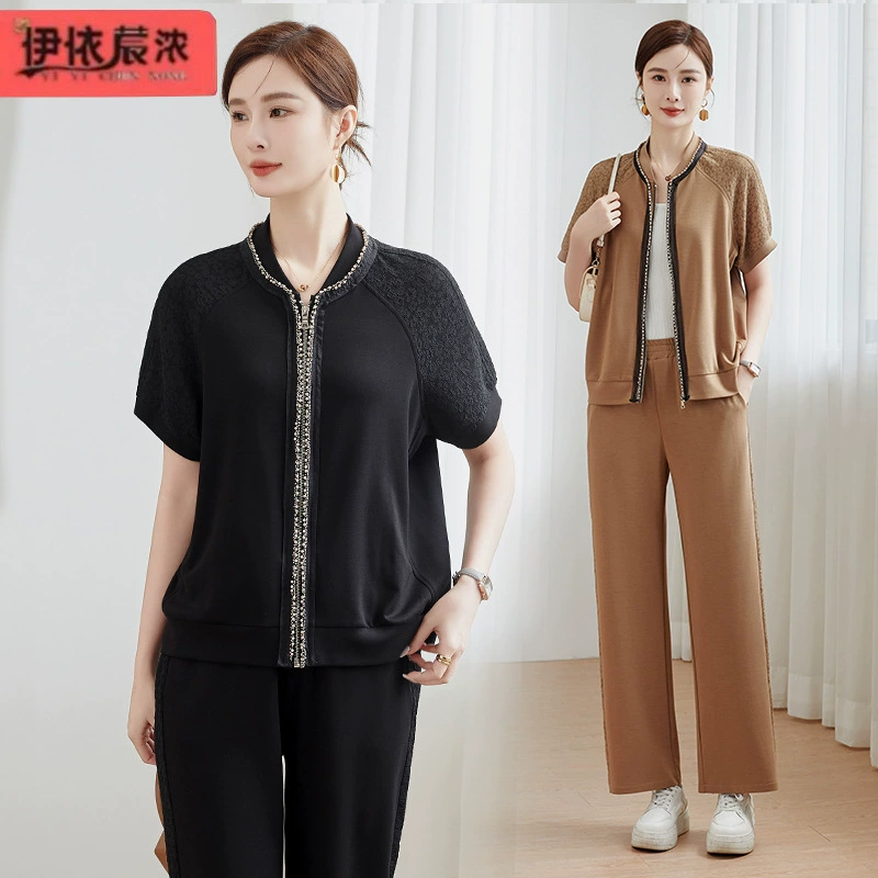 Летний новый стиль: комплект из кардигана и футболки с коротким рукавом для женщин среднего и старшего возраста, повседневный тонкий костюм-двойка 2025