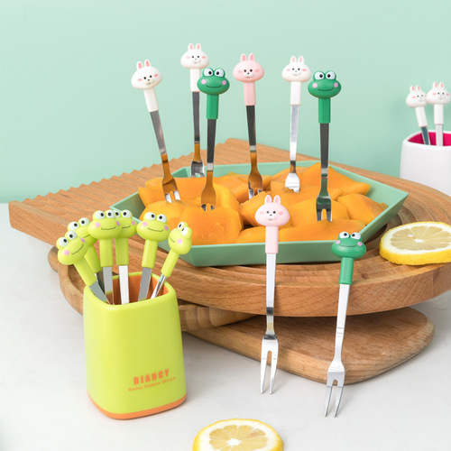 Fruit fork cartoon animal set stainless steel household children's safety fruit sign moon cake snack portable small fork