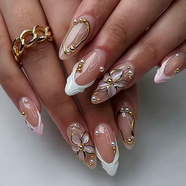 Popular European and American Gold-Plated Wearable Nails, Almond Nails, French Cat-Eye 3D Flower Fake Nails, Nail Art Wearable Nail Pieces