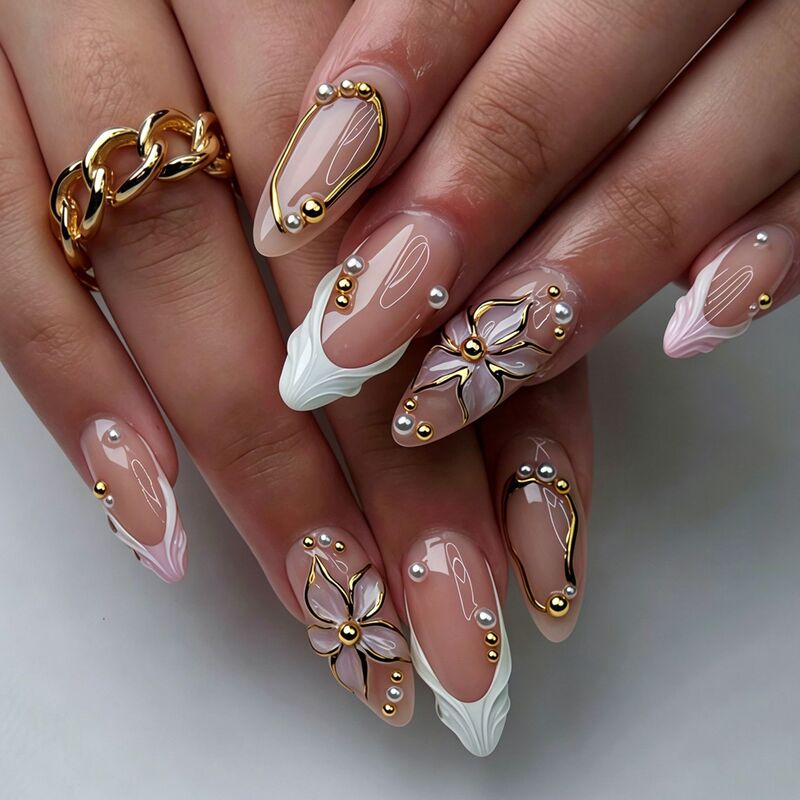 Popular European and American Gold-Plated Wearable Nails, Almond Nails, French Cat-Eye 3D Flower Fake Nails, Nail Art Wearable Nail Pieces Popular European and American Gold-Plated Wearable Nails, Almond Nails, French Cat-Eye 3D Flower Fake Nails, Nail Art Wearable Nail Pieces
