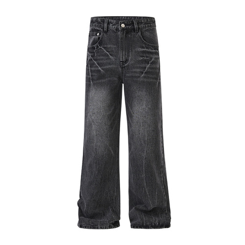 JIAMU Cracked American Street Baggy Jeans, Unisex Loose Flowy Straight Leg Pants
