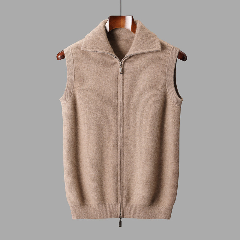 25 Men's Pure Cashmere Lapel Zipper Vest Jacket Business Youth and Middle-Aged Solid Color Knitted Bottoming Cashmere Sweater Sleeveless