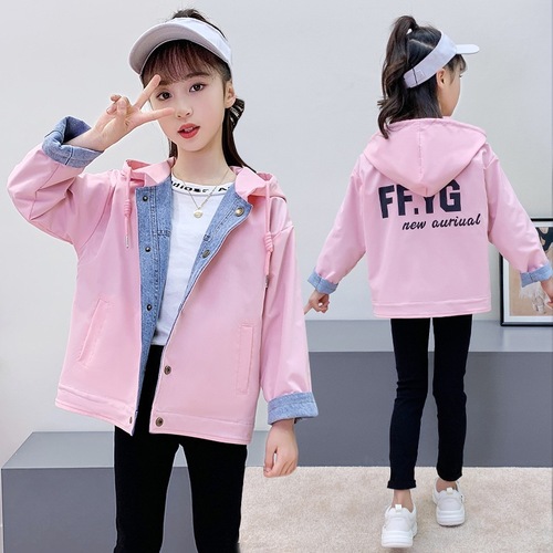 2024 spring new girls denim jacket autumn clothing for older children Korean style reversible denim hooded top