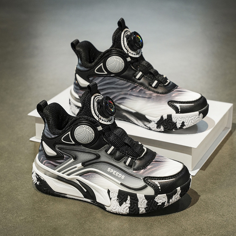 2531 Kidsren's Basketball Shoes, Rotating Buckle Sports Shoes, Autumn and Winter Mid-High Top Leather Shoes for Boys, Primary School Students, Middle and Older Kidsren's Shoes
