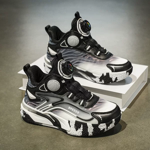 2531 Kidsren's Basketball Shoes, Rotating Buckle Sports Shoes, Autumn and Winter Mid-High Top Leather Shoes for Boys, Primary School Students, Middle and Older Kidsren's Shoes