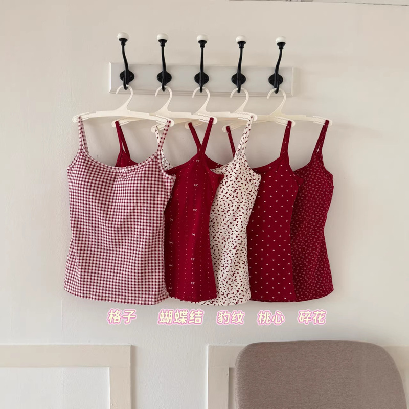 New Sweet Style Christmas Red Series Camisole Slim Fit Women's Top with Fixed Chest Pads