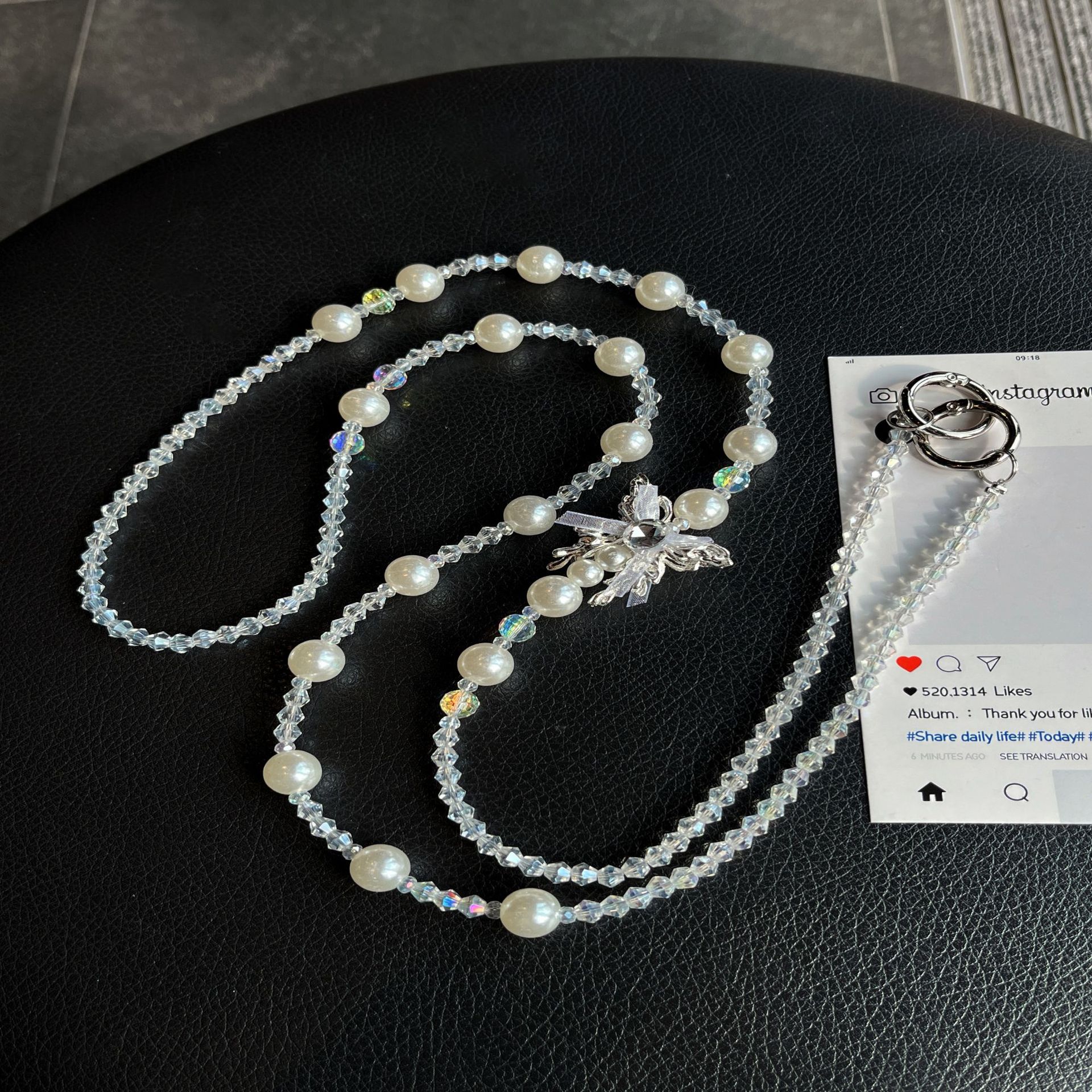 Cadena de teléfono móvil de mensajero cuerda de cadena larga de verano nuevo colgante de cuentas de perlas de cristal hecho a mano amor diamantes de imitación circón