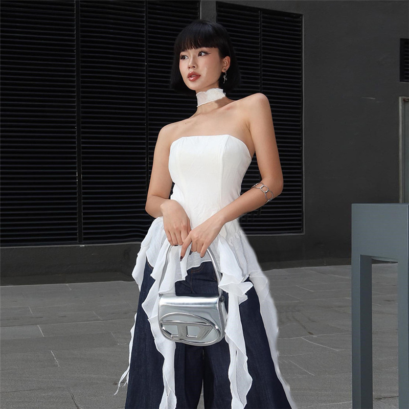 European and American Cross-border 2024 Summer Fashion Women's New One-shoulder Slim Tassel Tube Top Pure Color Versatile Vest