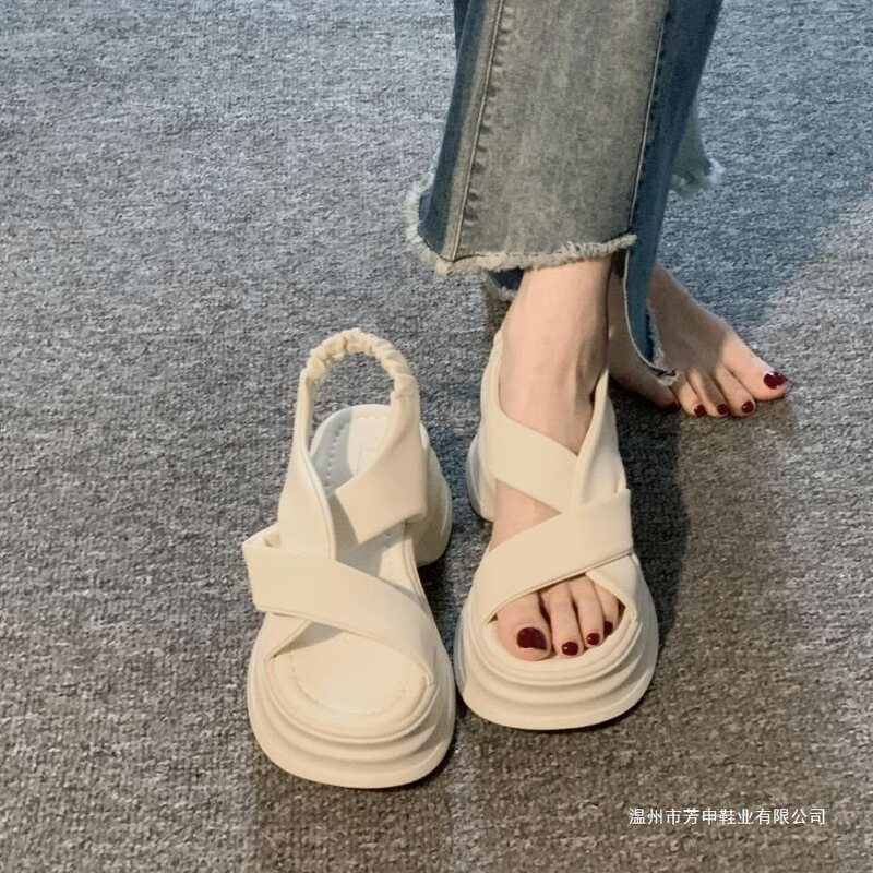 2026 Summer Platform Thick-Soled Sandals, Mid-Heel Korean Style Women's Shoes, Non-Slip, Lightweight, Breathable, Solid Color Sandals